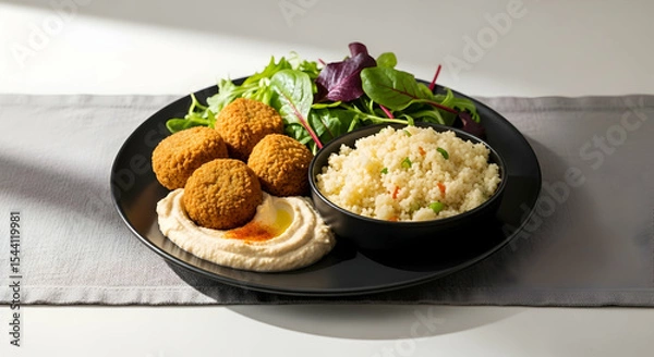 Fototapeta Delicious Falafel and Couscous Bento Box with Fresh Salad