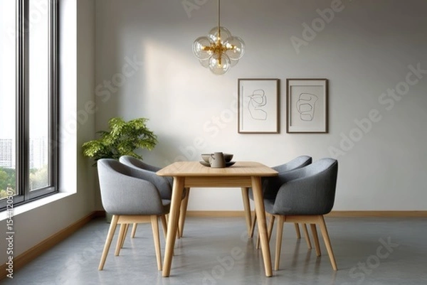 Fototapeta Dining area with table, chairs, and lighting fixture for interior design and home decor visualization