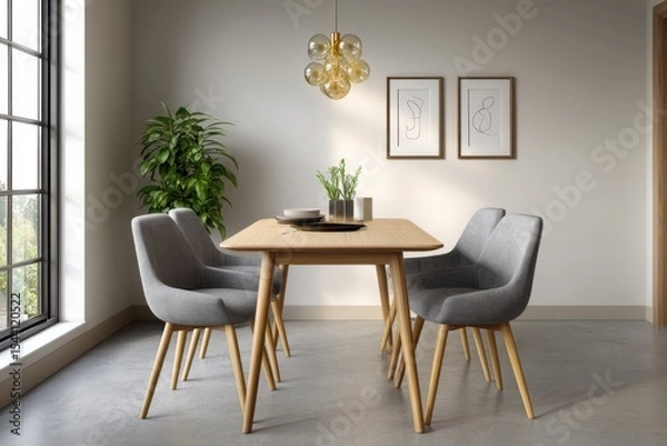 Fototapeta Dining room setup with table, chairs, and decor for interior design and home staging use cases