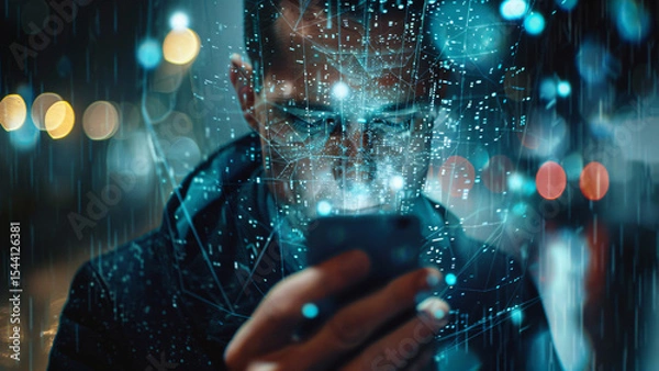 Fototapeta Man using smartphone in rain with futuristic digital rain and city lights