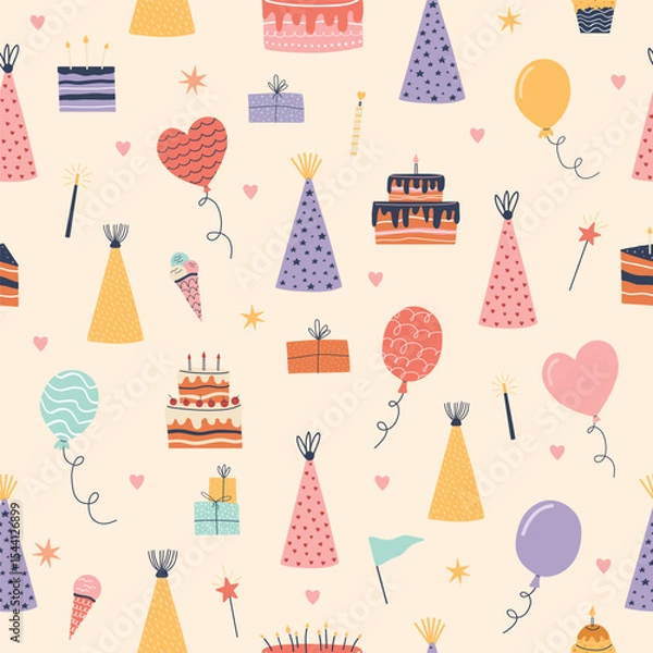 Fototapeta Hand drawn seamless birthday pattern with cakes, balloons, gifts, party hats, candles, and sparkles. Cute and festive doodle style, perfect for kids party design, wrapping paper, or surface decoration