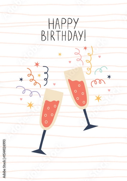 Fototapeta Hand drawn birthday illustration with two champagne glasses, colorful confetti, and festive stars on a striped background. Cheerful celebration design for greeting cards, party invites