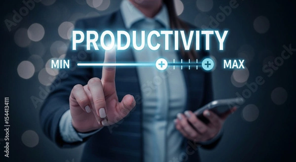 Fototapeta Person adjusting productivity slider with finger while holding phone in business setting indoors