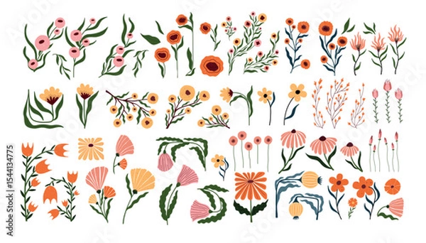 Fototapeta Hand drawn floral clipart bundle with whimsical botanical elements. Cute wildflowers, leaves, and blooming branches perfect for wedding invitations, packaging, nursery decor, and design projects.