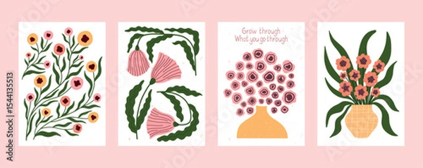 Fototapeta Set of hand drawn floral posters with motivational message Grow through what you go through. Minimal flat design with textured botanical elements. Ideal for wall decor, greeting cards, and positive 