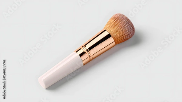 Fototapeta Makeup brush with white handle and rose gold ferrule lies on light background, showcasing soft bristles ideal for applying cosmetics