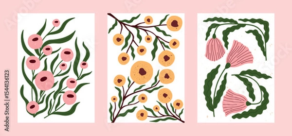Fototapeta Hand drawn botanical posters with bold stylized flowers and green leaves. Modern floral wall art in flat textured style. Ideal for home decor, nursery prints, or creative surface design.
