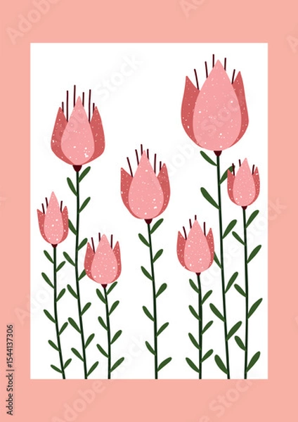 Fototapeta floral illustration with hand drawn pink tulip-like flowers on stems for modern wall art, nursery decor, spring prints and botanical design projects