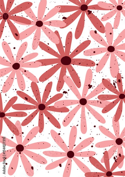 Fototapeta floral pattern with hand drawn pink daisy flowers and splatter texture on white background for fabric, wrapping, wallpaper and modern spring design