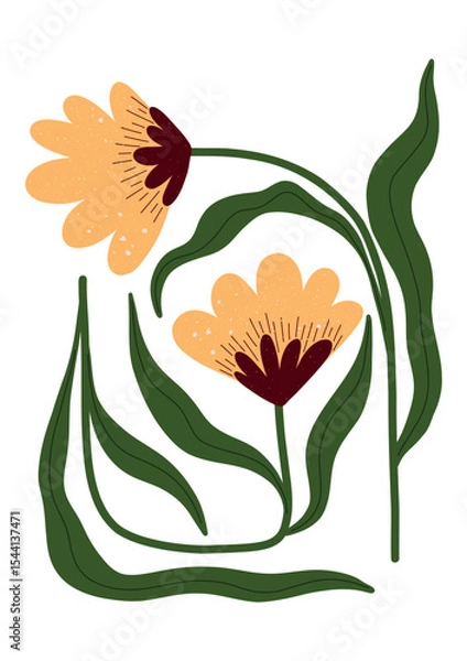 Fototapeta Whimsical yellow flowers with bold leaves in a clean hand drawn look. Great for creative projects and cheerful decor.