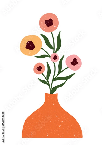 Fototapeta Playful hand drawn flower bouquet in a warm vase. Ideal for prints, nursery decor, or modern boho designs.