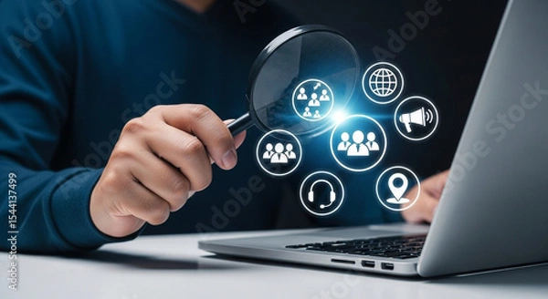 Fototapeta Person using a magnifying glass over a laptop screen with various social media icons floating above it