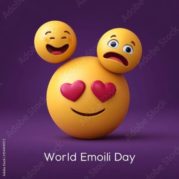 Fototapeta Emoji characters with different expressions on purple background for social media, messaging apps, and digital communication