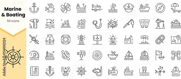 Obraz A comprehensive collection of marine and boating icons, showcasing essential tools and symbols for navigation and sailing, all in a minimalist design.