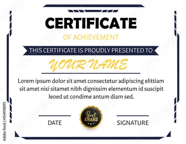 Fototapeta A certificate of achievement with border and text and a best award seal