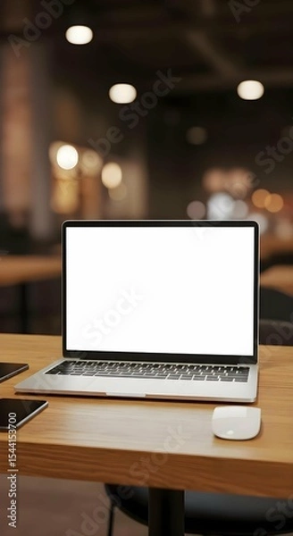 Fototapeta Eye-level product shot of a silver laptop with a blank white screen on a wooden desk, flanked by a dark smartphone and a mouse, against a blurred cafe interior with bokeh lighting