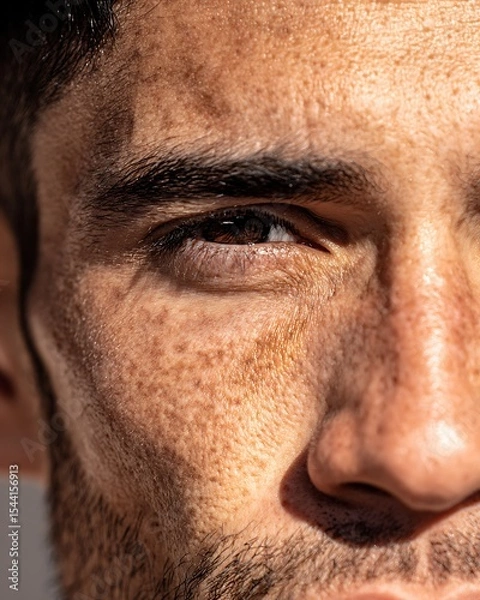 Fototapeta close-up of Latino man's cheek, flaky dry skin vs deeply hydrated soft skin, natural light, realistic texture