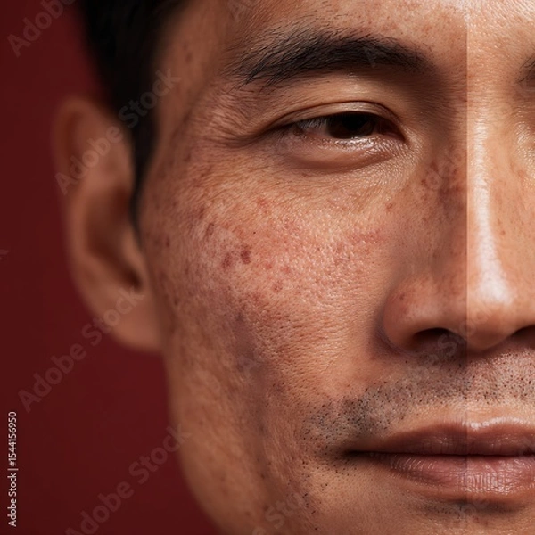 Obraz half face close-up of Asian man, red irritated skin vs calm soothed skin, clinical lighting, skincare effect comparison