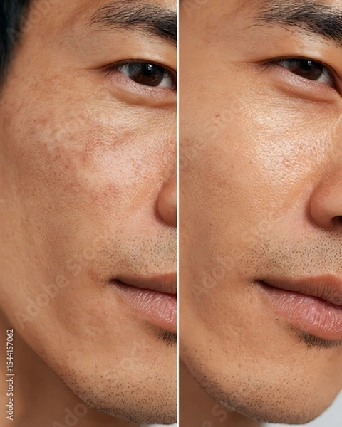 Fototapeta side-by-side comparison, Asian man's cheek, dry dull skin vs moisturized glowing skin, clear close-up