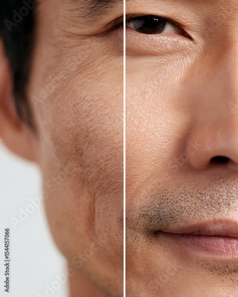 Fototapeta side-by-side comparison, Asian man's cheek, dry dull skin vs moisturized glowing skin, clear close-up