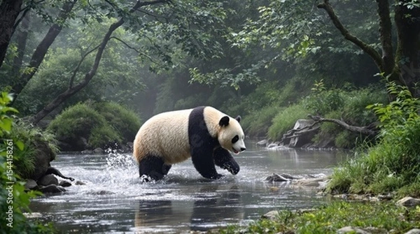Fototapeta Majestic panda crossing a misty stream in a lush forest