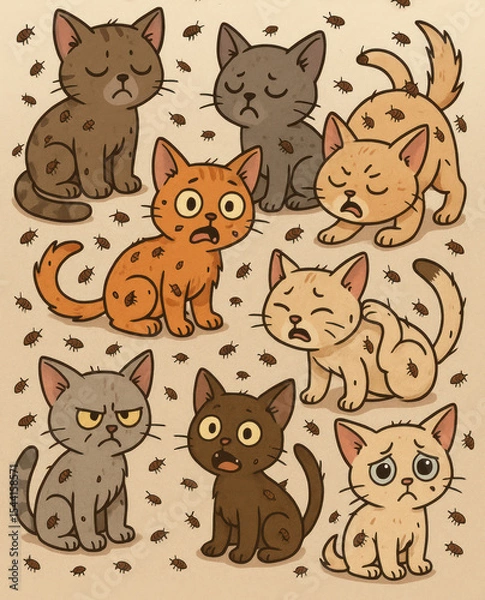 Fototapeta The cartoon style shows eight sad, worried or irritated kittens covered in fleas.  