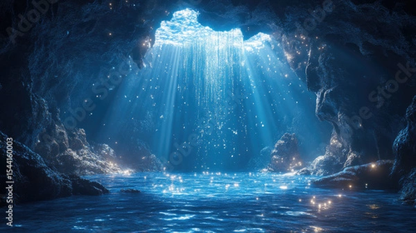 Fototapeta Enchanting underwater cave with shimmering light rays