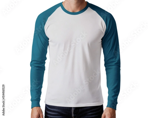 Obraz Man Modeling White and Teal Raglan Long Sleeve Shirt Mockup with Elastic Cuffed Sleeves Perfect for Design Presentation