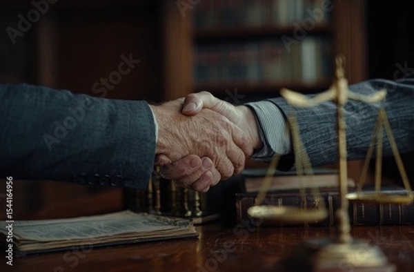 Obraz Two people in suits shaking hands in front of a scale books and a bookshelf