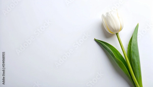 Fototapeta Top view background concept with white tulips against a white background.