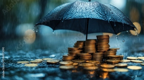 Fototapeta financial security shown as stacks of golden coins shielded from rainfall by an umbrella representing investment protection during economic uncertainty and downturns
