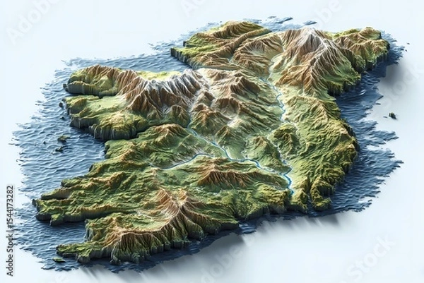 Obraz Ireland shown in colorful 3D landscape form featuring hills, valleys, and textured terrain; accurately portraying the island; suitable for atlases, posters, or geographic digital use cases.