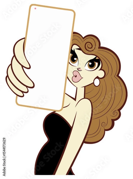 Fototapeta A stylish cartoon illustration of a woman holding up a smartphone, appearing to take a selfie. It captures the essence of self-expression, social media, and modern digital trends.
