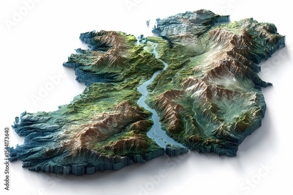 Obraz Ireland presented in a hyper-realistic 3D terrain model with detailed elevation, rivers, and cliffs; full island view; ideal for geographic illustration, infographics, and travel-related projects.