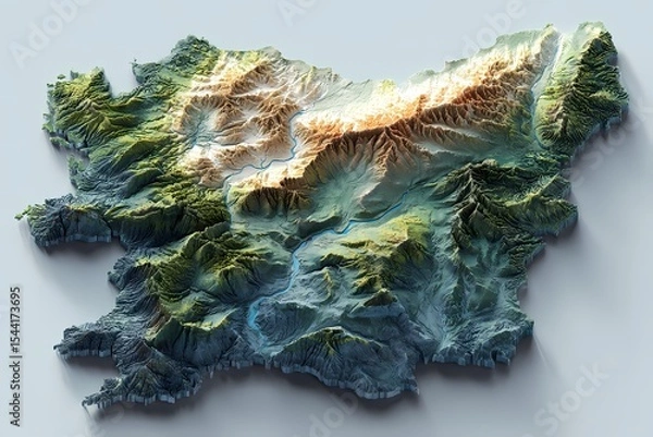 Obraz Ireland displayed as a vibrant 3D topographic map with rivers, highlands, and rugged coasts; showing full island geography; perfect for educational, environmental, or tourism visual content.