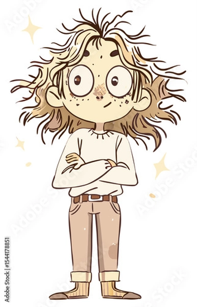 Fototapeta A charming cartoon illustration of a disheveled person with messy hair and freckles, standing with arms crossed. It conveys a quirky, perhaps sleepy or surprised, yet endearing personality.