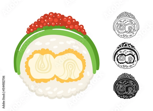 Fototapeta Sushi roll avocado shrimp caviar symbol cartoon set. Traditional Asian Japanese food linear doodle icon. Sushi seafood vector illustration. Doodle design sign for oriental menu, cafe, bar, restaurant