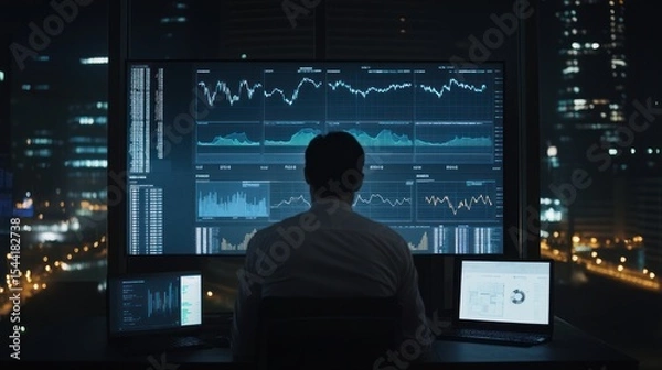 Obraz Analyst Overseeing Financial Data on Multiple Screens in Dark Office