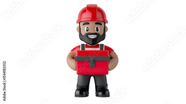 Fototapeta Smiling Cartoon Construction Worker with Red Toolbox