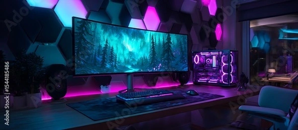 Fototapeta uxury Desk Space: Interior Background with RGB Gaming PC"

"Creative Zone: Interior Design Featuring Ultra-Slim Computer Setup"

"Digital Living: Cozy Interior with Stylish Workstation Design"