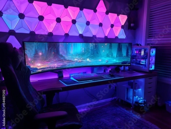 Fototapeta uxury Desk Space: Interior Background with RGB Gaming PC"

"Creative Zone: Interior Design Featuring Ultra-Slim Computer Setup"

"Digital Living: Cozy Interior with Stylish Workstation Design"