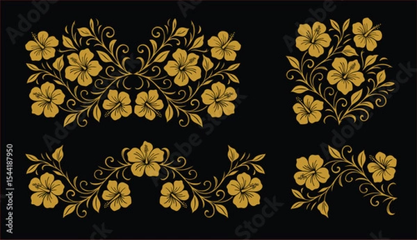 Fototapeta Vintage hibiscus corner element seamless pattern with golden botanical line art, suitable for fashion design, decoration, fabric, wallpaper, and printing on soft beige background
