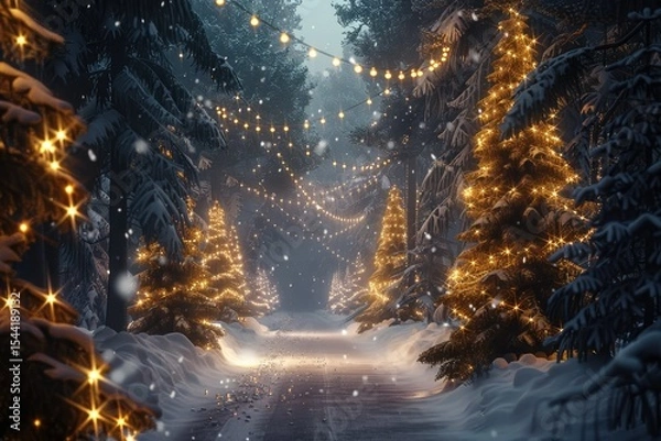 Obraz High Definition Visual of Forest Road with Christmas Lights in Winter