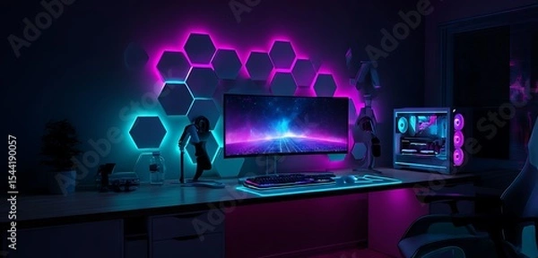 Fototapeta uxury Desk Space: Interior Background with RGB Gaming PC"

"Creative Zone: Interior Design Featuring Ultra-Slim Computer Setup"

"Digital Living: Cozy Interior with Stylish Workstation Design"