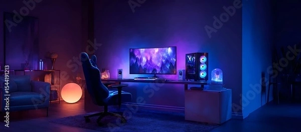 Fototapeta uxury Desk Space: Interior Background with RGB Gaming PC"

"Creative Zone: Interior Design Featuring Ultra-Slim Computer Setup"

"Digital Living: Cozy Interior with Stylish Workstation Design"
