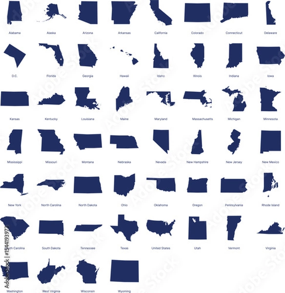Fototapeta Silhouettes of all U.S. states arranged in a grid. High-quality vector illustration showing the shape outlines of each American state, ideal for educational, infographic, or design use.