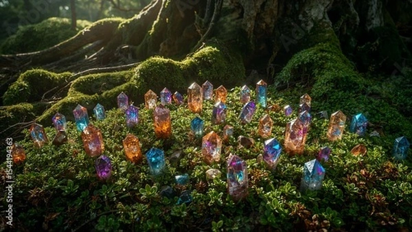 Fototapeta Enchanted Forest Floor with Colorful Crystals