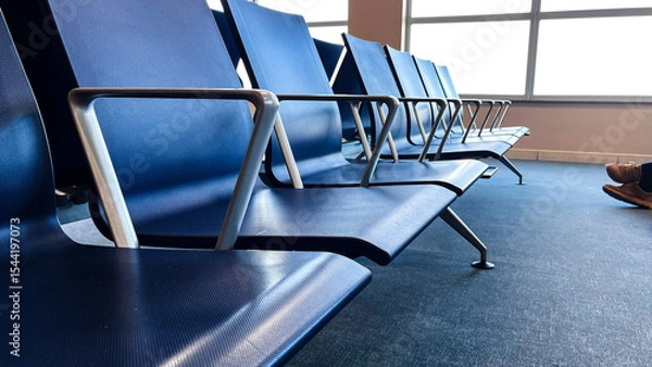 Fototapeta Photo of free airport chairs on one side and feed on passages on other site. Concept traveling, waiting, flights, delayed, crisis, airline, shutdown, aviation, charts.