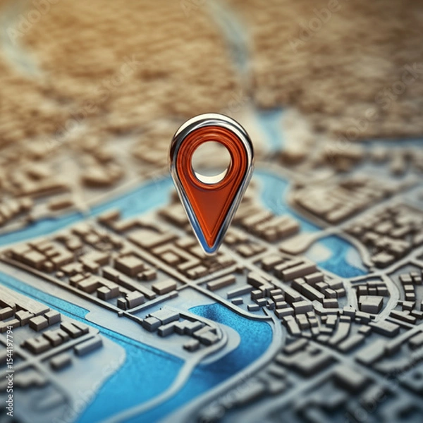 Fototapeta 3D icon of a location pin on a map with a blue color point

