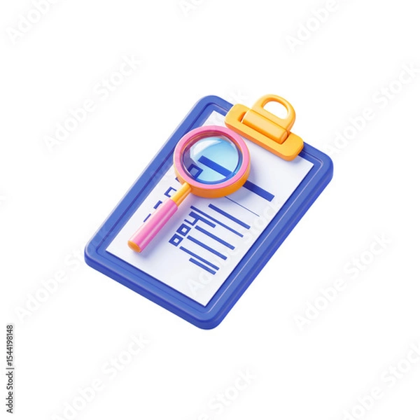 Fototapeta 3D icon of a clipboard with a checklist and a magnifying glass

